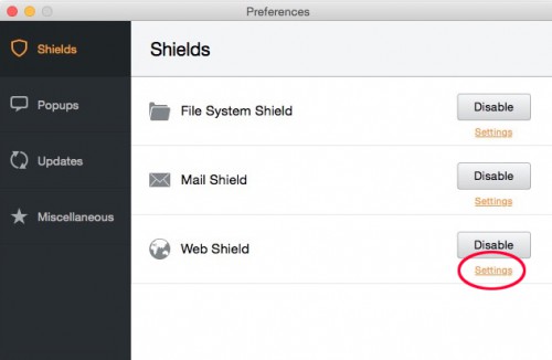 Web Shieldのsettingを選択
